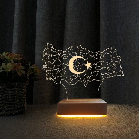 Türkiye Haritası Tasarımlı 3d Gece Lambası Masa Lambası
